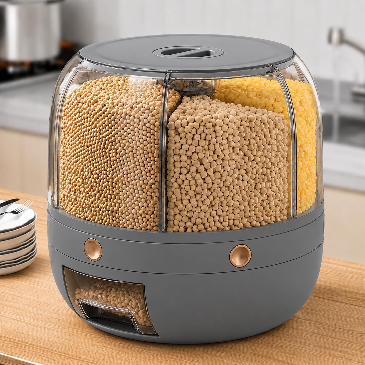 YAGVIZ Rotating Grain Storage Bin 6 Grids Rice Container One-Click Output Large Capacity Food Dispenser For Rice Grains Sealed Moisture Proof Organizer-image-23