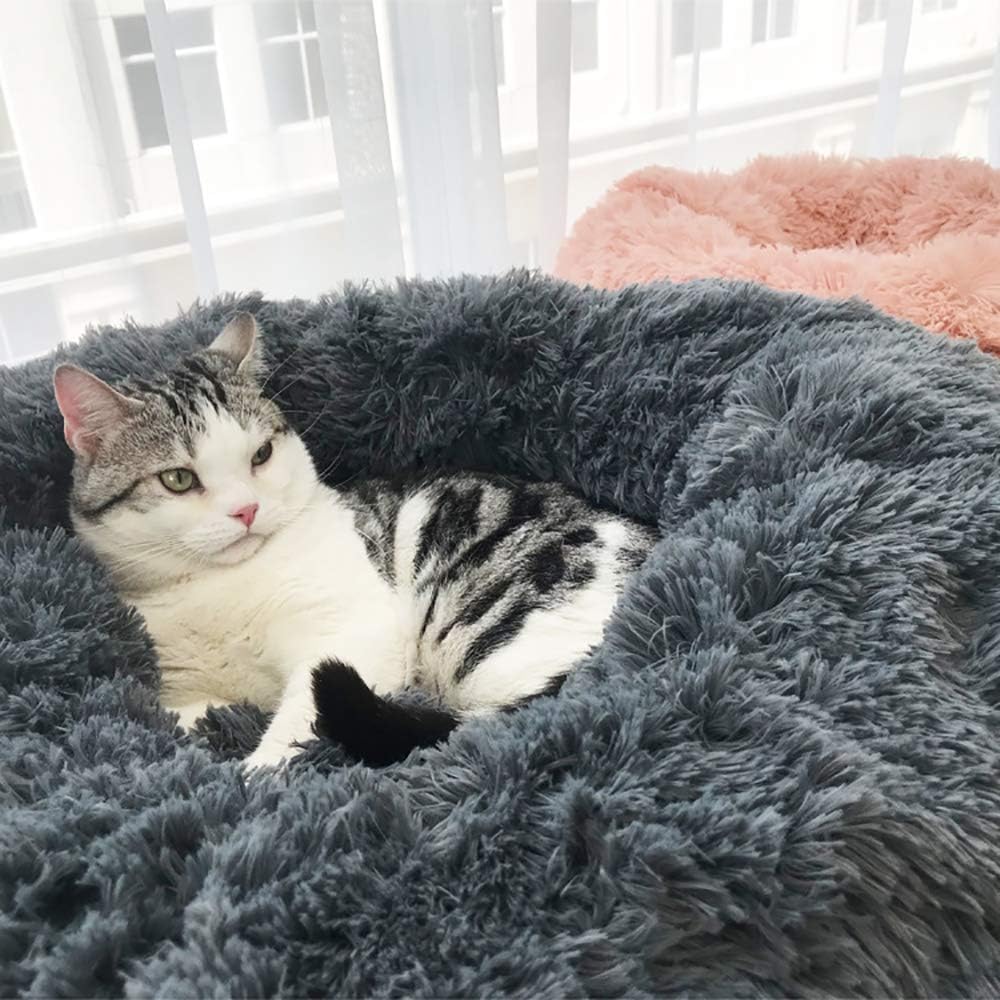 Thanaddo Calming Dog Cat Bed 20''28''40'' for Large Medium Small Dog Cat Plush Soft Cuddler Round Pet Nest Orthopedic Relief & Improved Sleeping Dark Grey L 40''