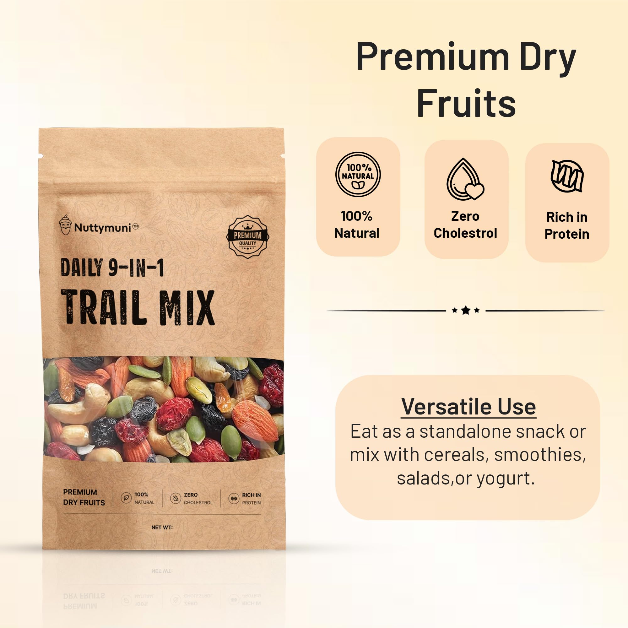 Nutty Muni Trail Mix, 9-in-1 Mixed Dry Fruits & Berries with Almonds, Cashews, Raisins, Black Raisins and Seeds, High in Protein & Dietary Fibre, Healthy Snacks (250g) 3