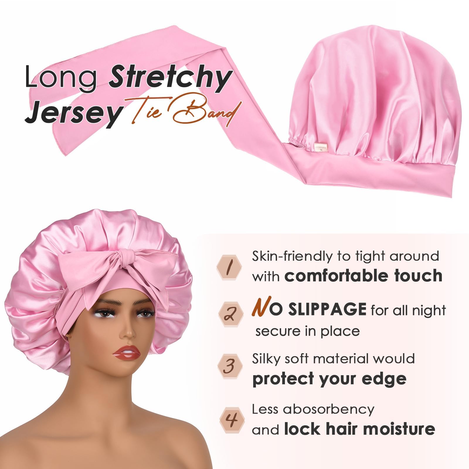 YANIBEST Silk Bonnet for Sleeping Women Satin Bonnet Double Layer Satin Lined Hair Bonnet with Tie Band Curly Hair Pink - Image 3