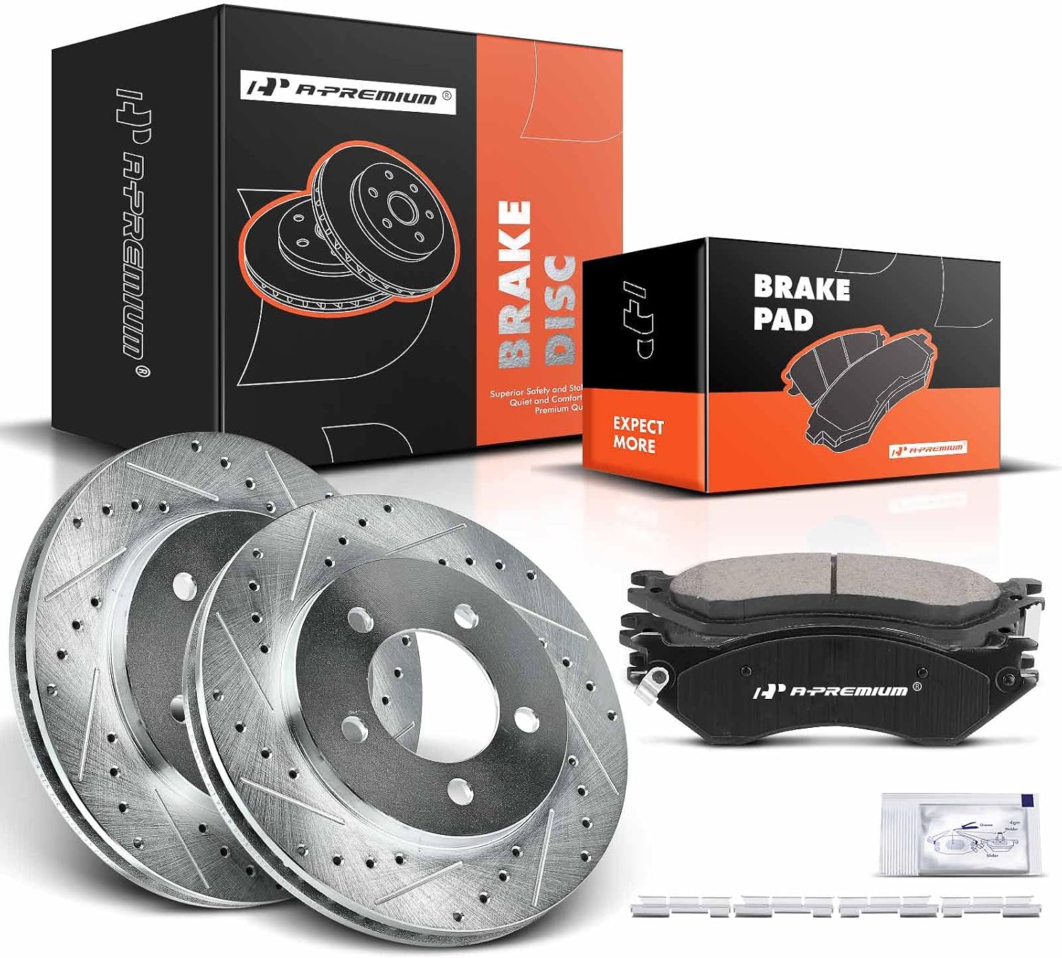 A-Premium 12.12 in (307.90 mm) Front Drilled and Slotted Disc Brake Rotors + Ceramic Pads Kit Compatible with Select Ford & Lincoln Models - Expedition 1997-2002, Navigator 1998-2002, 4WD, 6-PC Set