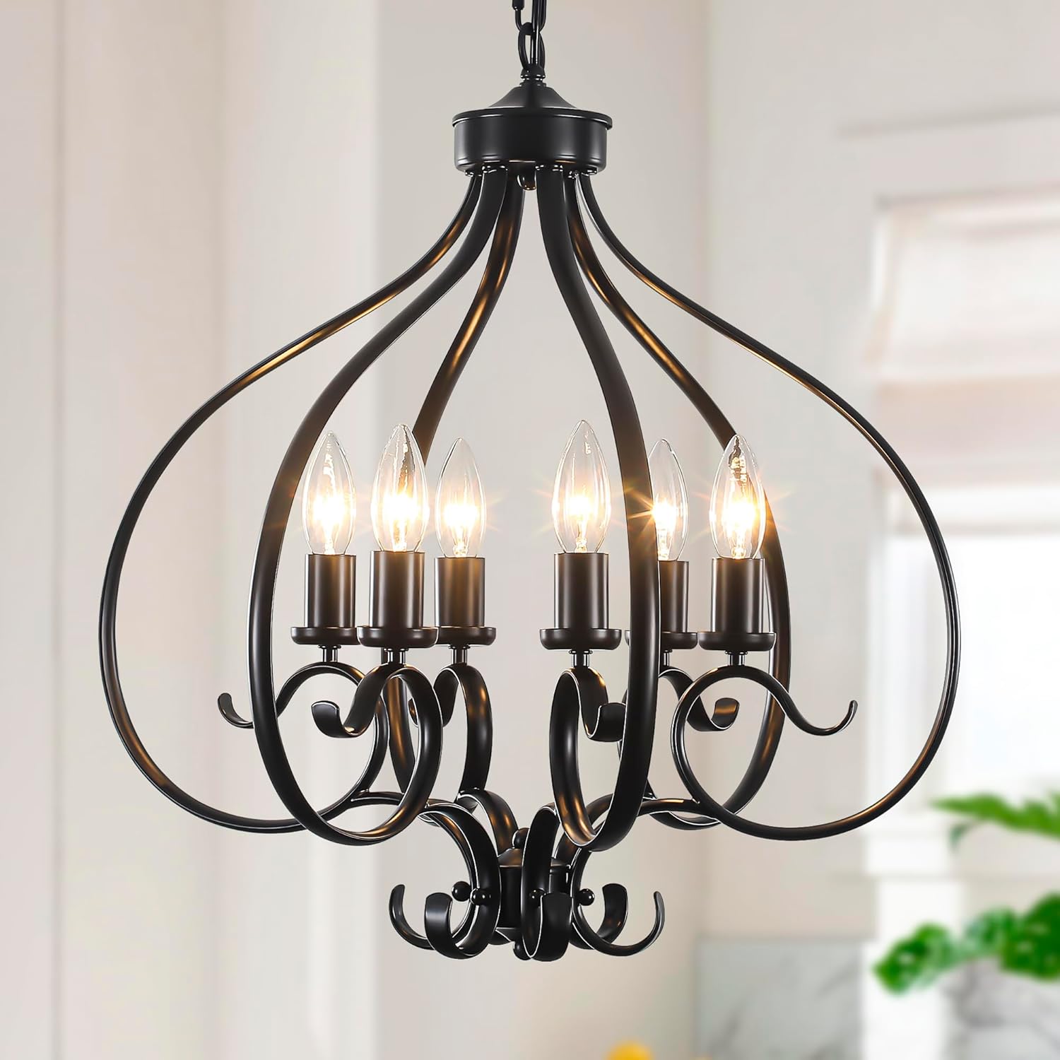 6-Lights Farmhouse Chandelier,19.68" Large Black Farmhouse Chandelier for Dining Room,Modern Vintage Rustic Adjustable Pendant Light Fixture for Kitchen Island Living Room Entryway Hallway Foyer