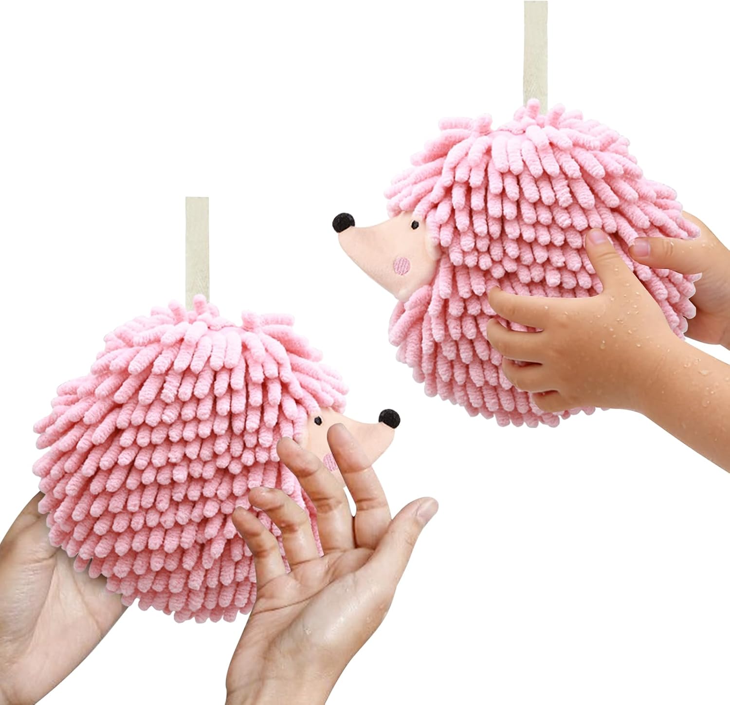 Hedgehog Shape Hanging Ring Hand Towels, 3-Pack,(Pink/Green/Gray), Chenille Super Absorbent Quick-Dry Towels, Household Cleaning Cloths for Bathroom and Kitchen