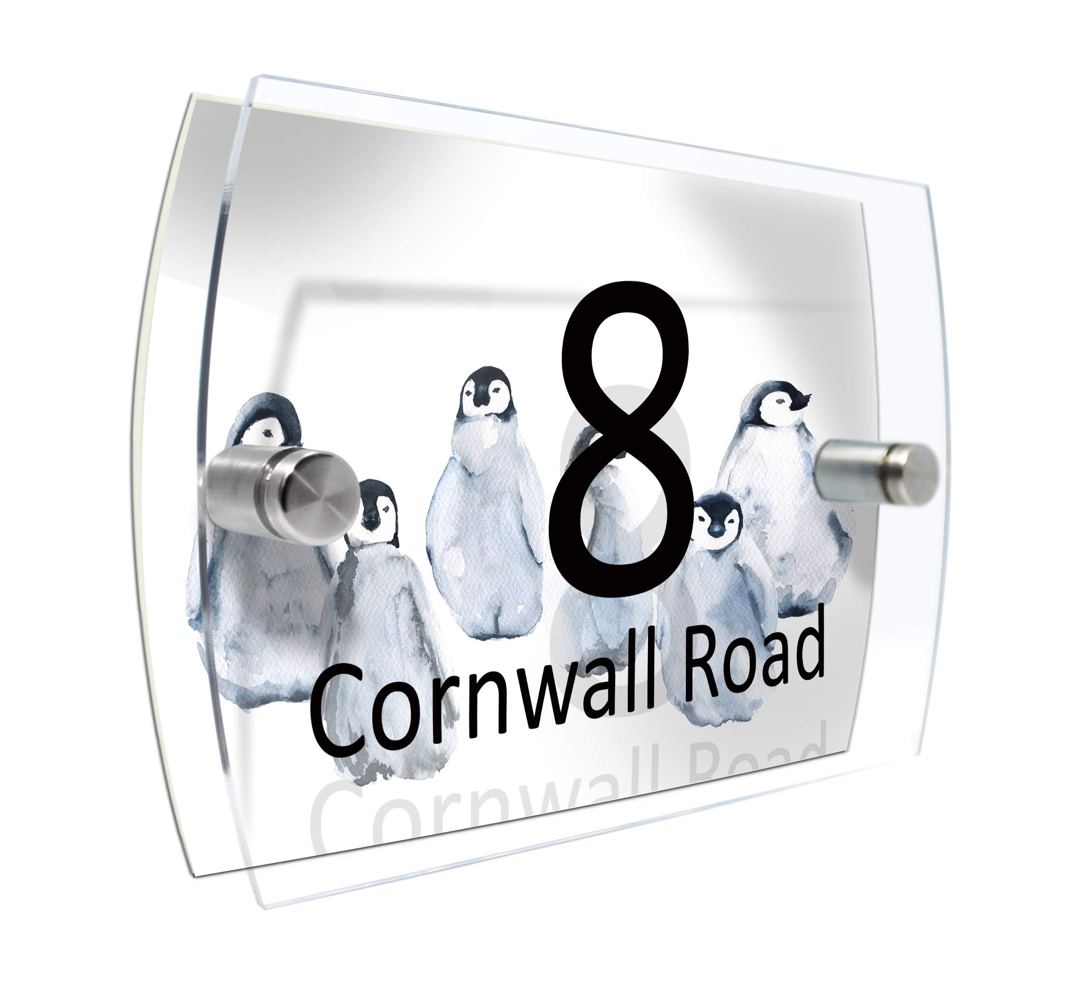 ColourbatWatercolour Animals Personalised Modern House number Sign Name and Number Street Wall Plaque (Penguins)