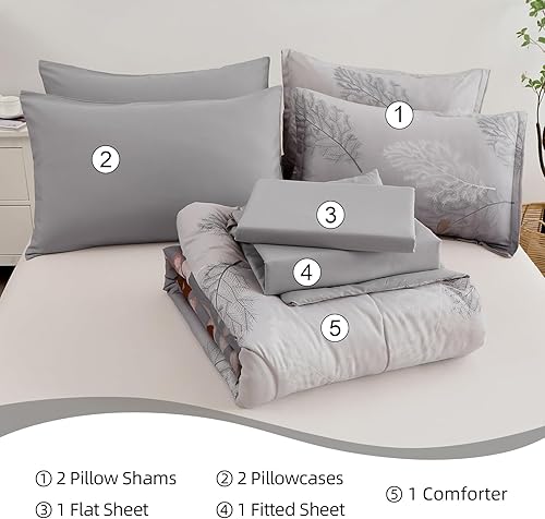 Miniatura 6 de Juego de edredón marrón tamaño King de 7 piezas, cama floral en una bolsa con patrón de hojas degradadas, juego de ropa de cama botánica para todas