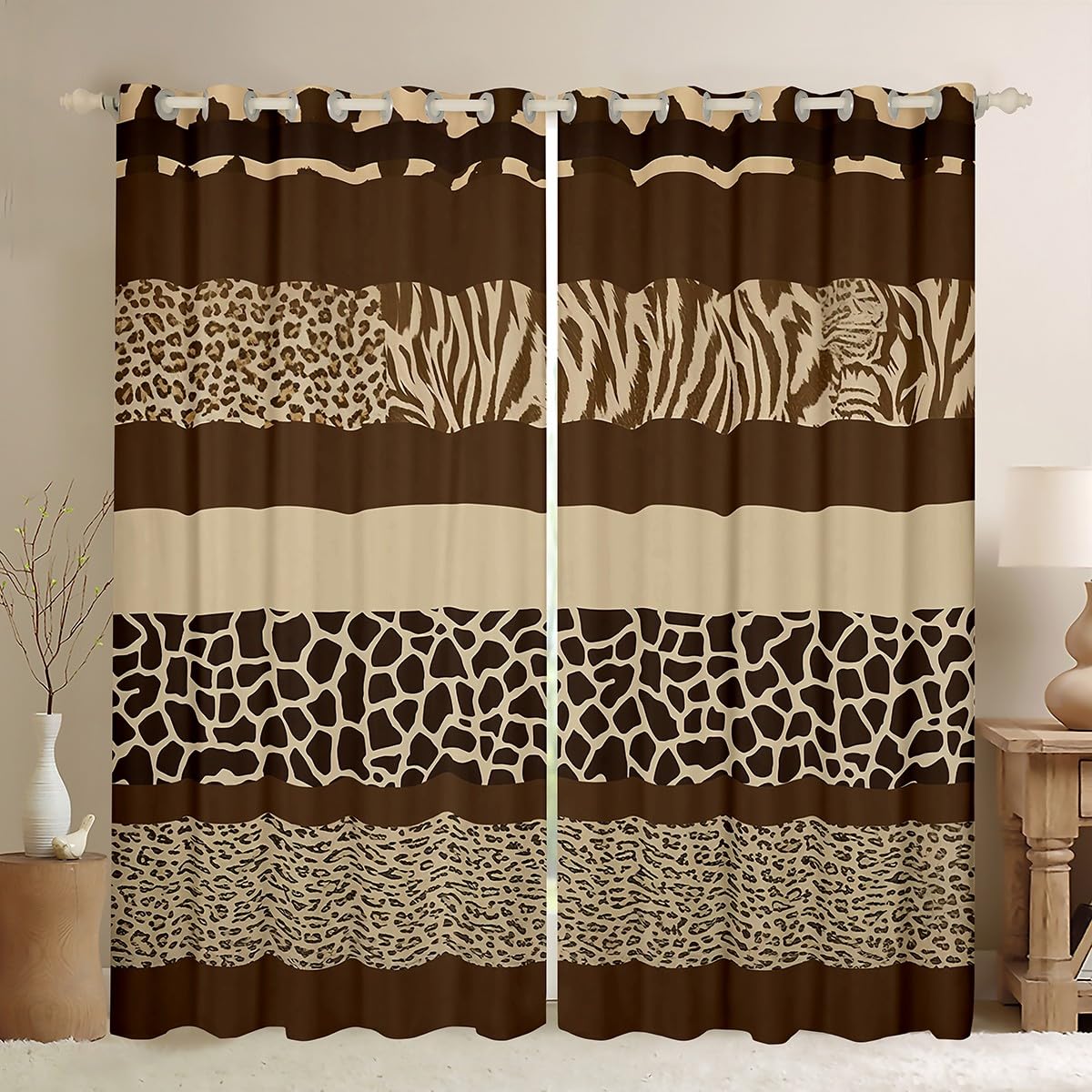 Zebra Stripes Window Drapes Giraffe Print Curtains Brown Zebra Giraffe Skin Texture Window Curtains for Bedroom Room Decor for Kids Boys Girls Zoo Animal Fur Window Treatments, 38x45 Inches,2 Panels