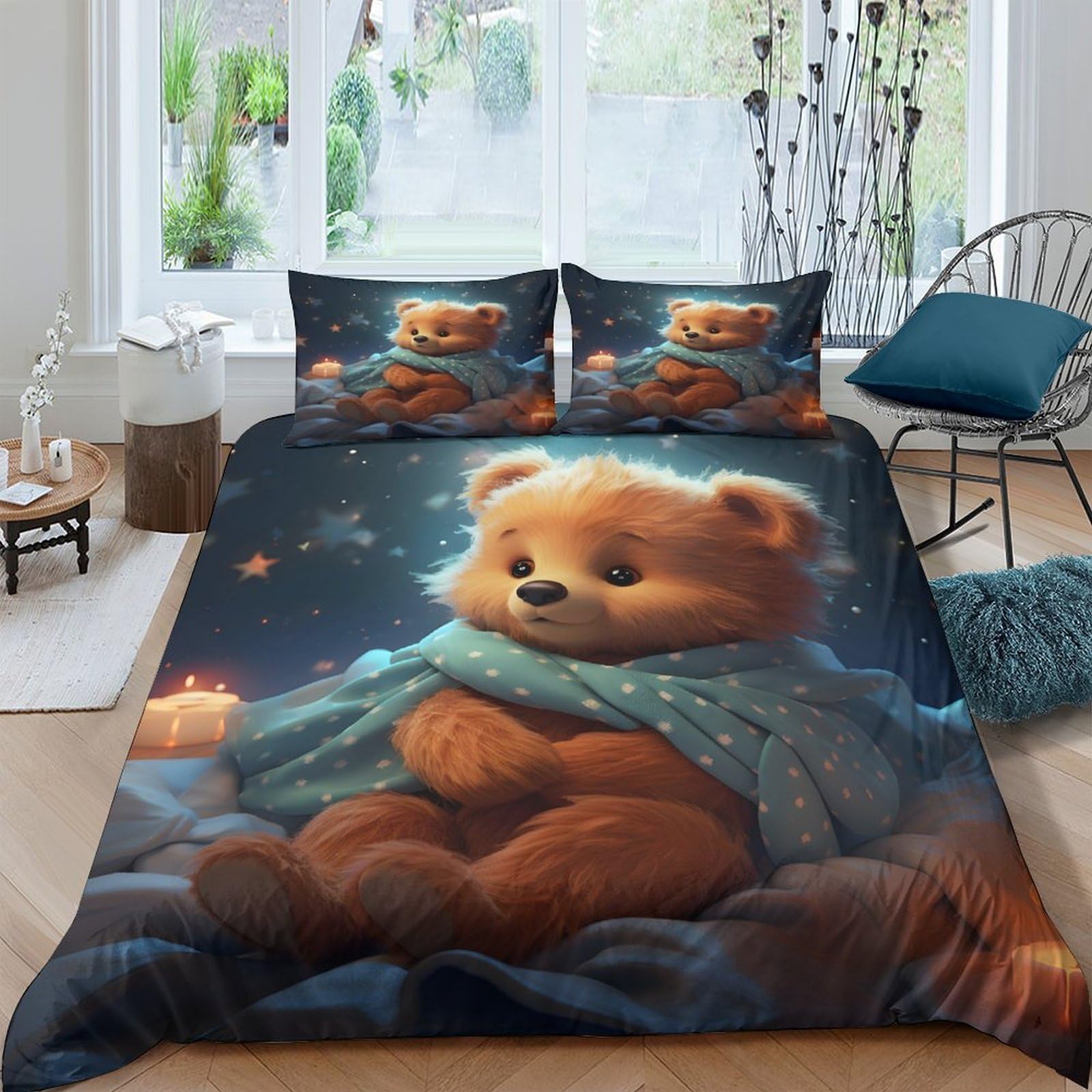 Ctjqhvkz Style-2 3D Printed Cute Teddy Bear Fitted Sheet Microfiber Soft Blue Night Forest Bed Cover For Bedroom Dorm Guest Room Single（135X200cm）