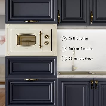 Klarstein Victoria 20 - Built-in Microwave, Retro Design, 20 litres, 800 Watt Microwave / 1000 Watt Grill Power, 3 Grill/Microwave Combo Functions, Stainless Steel, Mounting Frame, Ivory