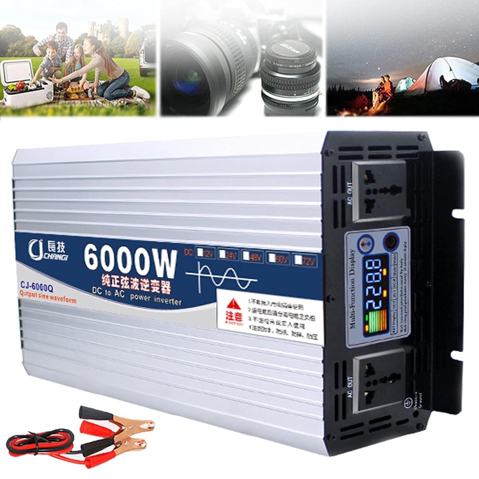 DC 12V 24V 48V 60V AC 110V 220V do samochodu z podwójnym gniazdem i inteligentnym wyświetlaczem LCD (24Vto220V,6000W)