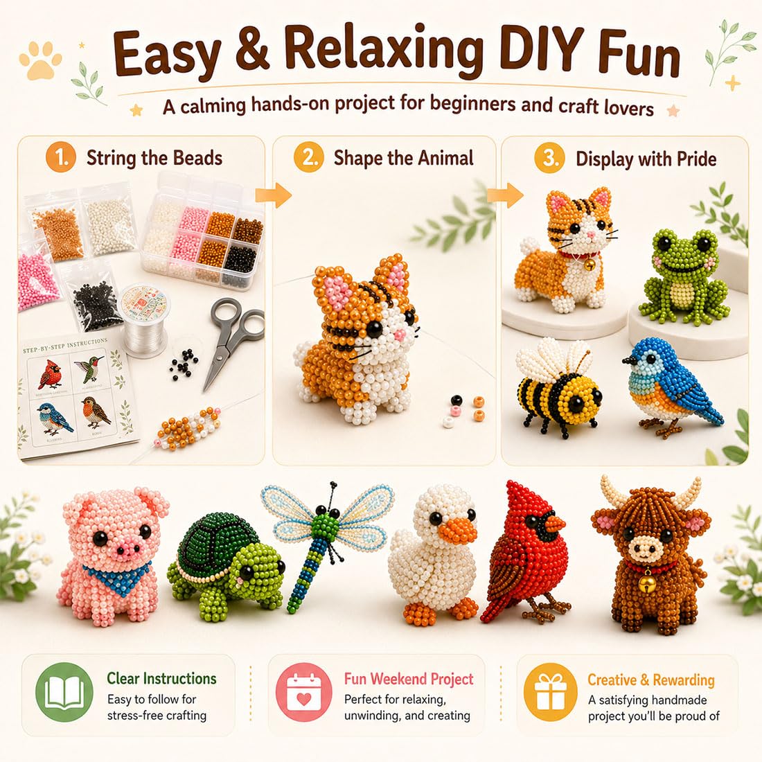 Liocwocne Tiny 3D Beaded Animal DIY Kit, Cute Bird and Animals Bead Making Set with Instructions, Handmade Beadwork Embroidery Art Craft Kits, Creative Jewelry Gift for Adults Teens (E)