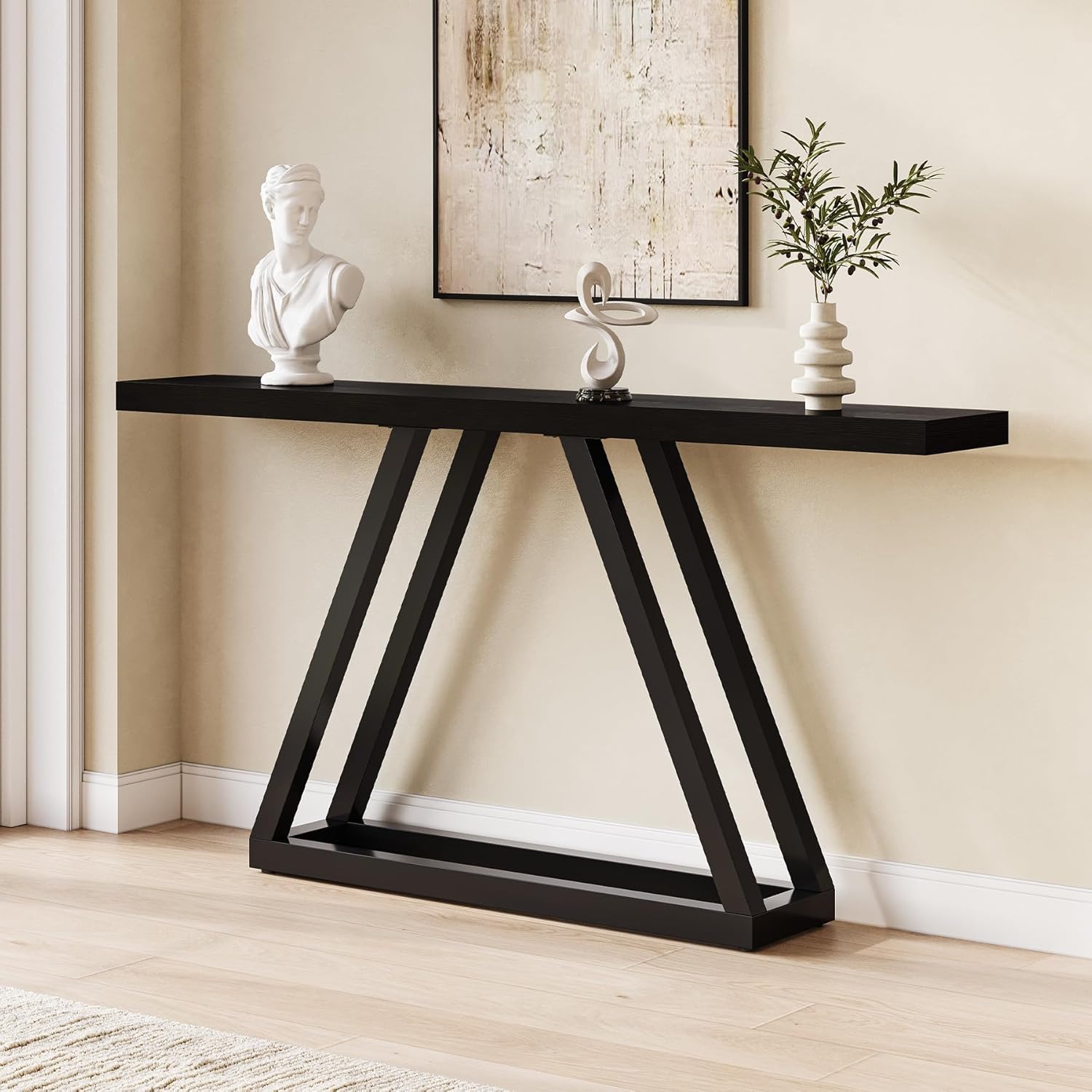 LITTLE TREE 63 Inches Console Table, Narrow Sofa Table Behind The Couch with Metal Frame, Modern Wooden Entryway Table Industrial Hallway Foyer Table for Living Room, Entrance, Black