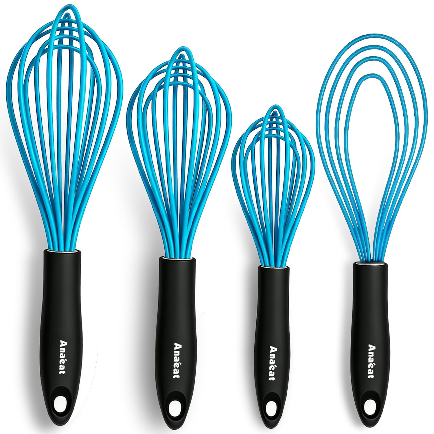Anaeat Silicone Kitchen Whisk Set of 4, Perfect for Non-Stick Cookware, Milk and Egg Beater Blender for Whisking, Cooking, Baking, Beating - 11'' Flat Whisk and 9''+11''+12'' Balloon Whisks (Blue)