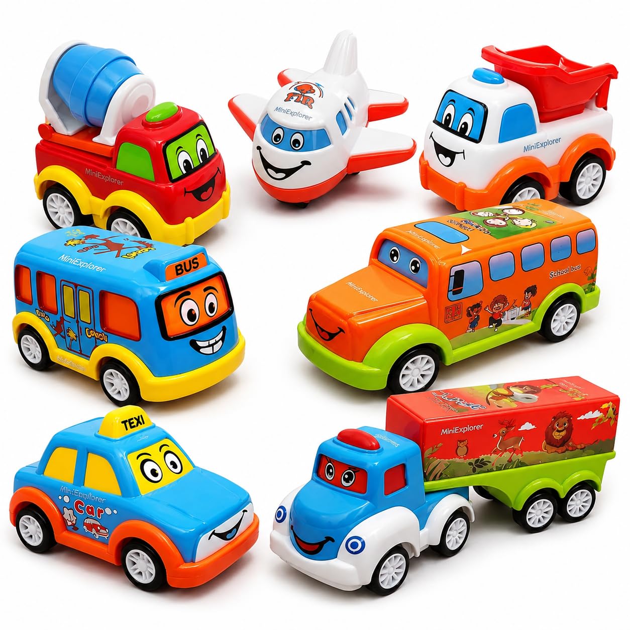 MiniExplorer Unbreakable Pull Back Vehicles| Push and Go Crawling Toy for Kids & Children, Power Friction Cars for 3+ Years Old Boys|Girls - Set of 7,Multicolor