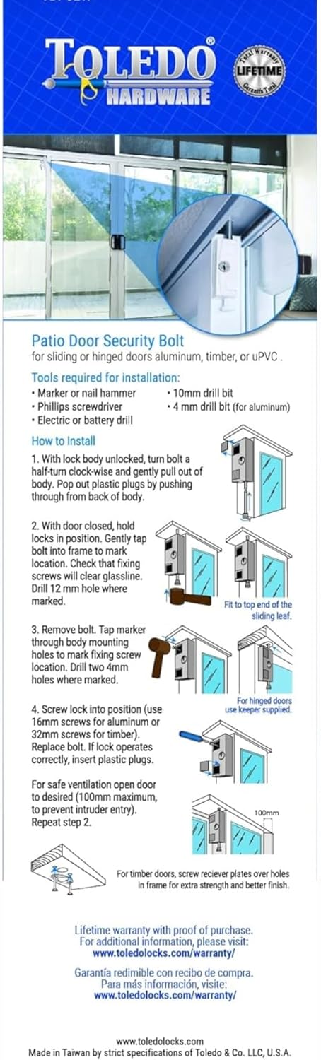 Sliding Door Locks with Keyed Bolt Keeps Your Family Safe and Protected : Lock for Sliding Glass Door Security Prevents Lifting Off Rails : Security Sliding Door Lock with Key : Silver Finish