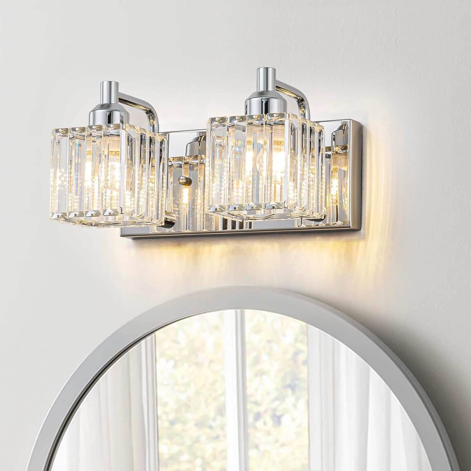 Y'INSP Chrome Bathroom Vanity Light Fixtures, Modern Crystal 2-Light Bathroom Lighting Over Mirror, Crystal Bathroom Wall Lights with Square Shade