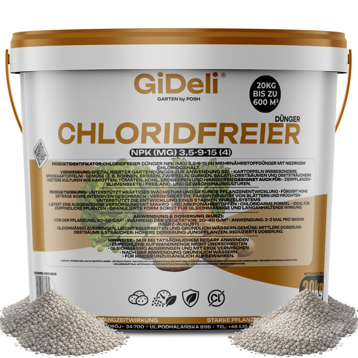 GiDeli Gemüsedünger Chlorfrei 20 kg im Eimer Granulat NPK mit Magnesium