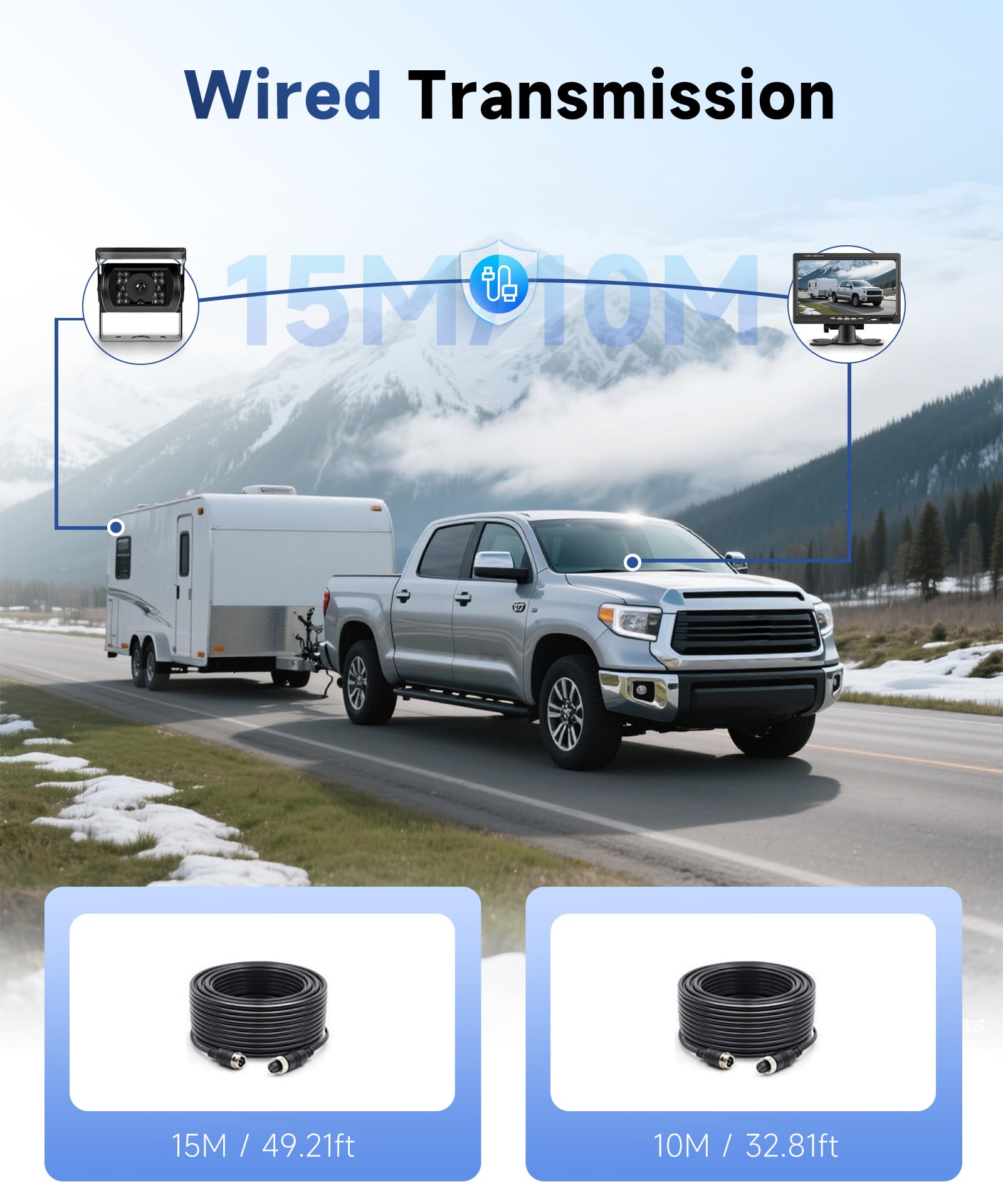 Camera de Recul pour Voiture 2 Caméras avec Moniteur LCD 7 Pouces, Caméra de Recul IR Vision de Nuit étanche IP68 avec 15M+10M Câble, pour Camping Car/Camion/RV/Remorques/Agricole/Motorhome 12V-24V