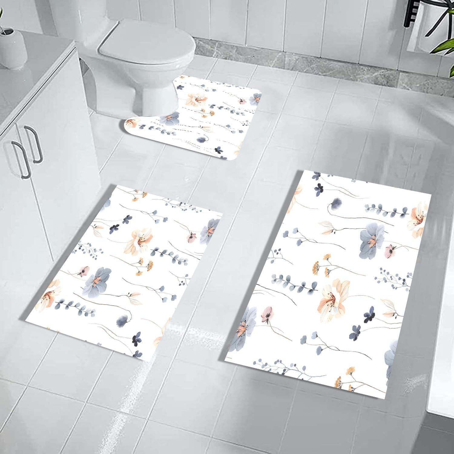 Tappeto Bagno Arancio Viola Floreale Tappeti Bagno 3 Pezzi Asciugatura Rapida Diatomite Facile da Pulire Doccia Antiscivolo Assorbente Set Tappeti 3 Pezzi