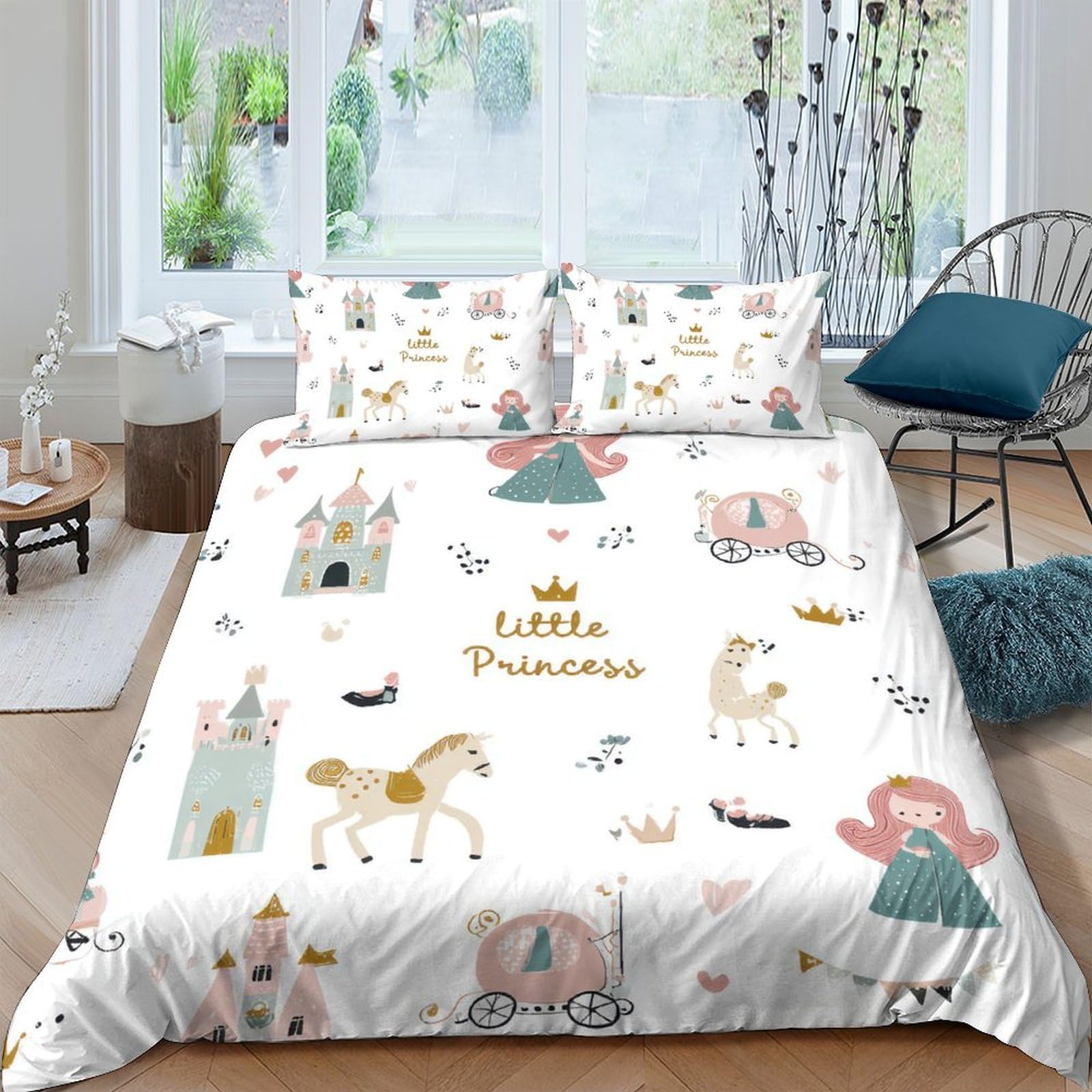 GPLZQXKJNH 3D Printed Little Princess Duvet Cover Set Microfiber Soft Fairy Tale Castle Bedding Set with 2 Pillowcases for Bedroom Decor Single（135x200cm）