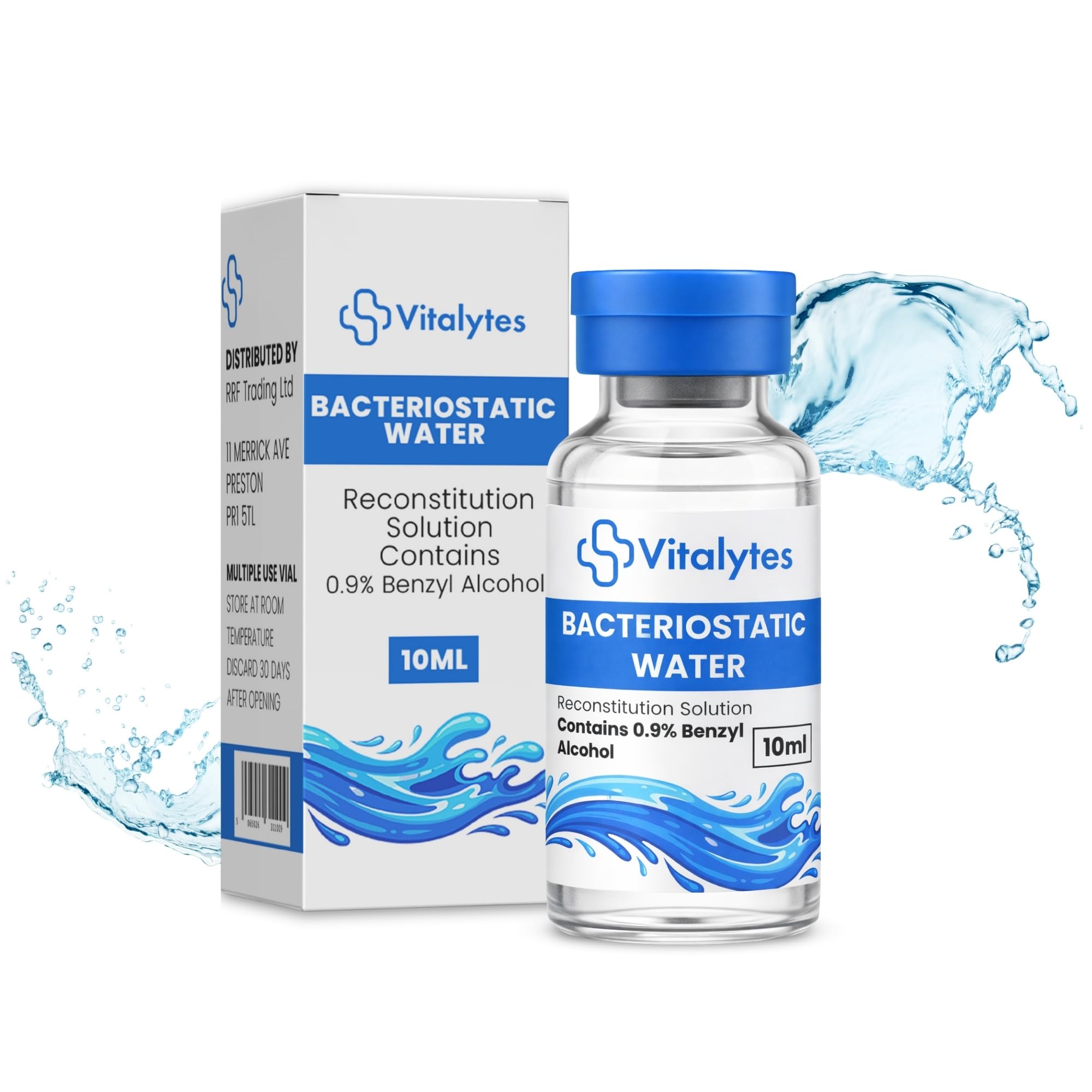 Vitalytes Acqua batteriostatica, 10 ml, soluzione di ricostituzione di laboratorio con alcool benzilico allo 0,9%, diluente sterile multiuso in flaconcino di vetro borosilicato