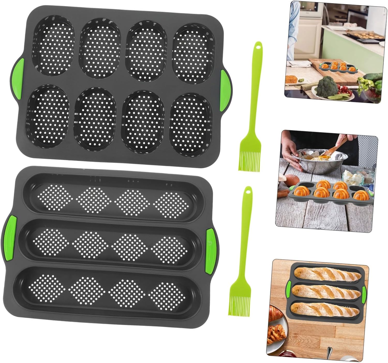 Healifty Non-stick Silicone French Bread Baking Mould Perforated Bread Rolls Mold for Easy Demoulding for Home Baking Includes Brushes for Effortless Cleaning