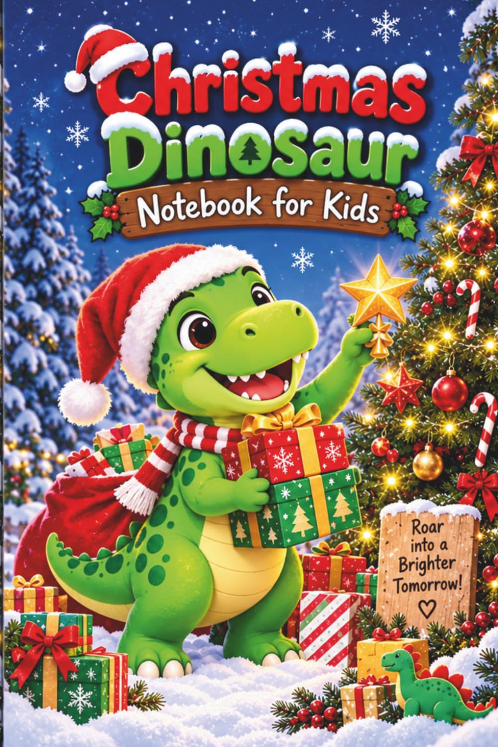 Christmas Dinosaur Notebook for Kids: 120 Lined Black-and-White Pages with Cute Christmas Dinosaur Illustrations to Color, 6 x 9 Inches