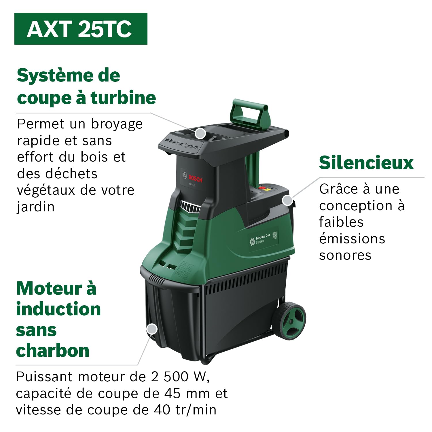 Broyeur de jardin à turbine Bosch - AXT 25 TC (2500 W; conçu pour le bois et les débris de jardin; bac de ramassage intégré de 53 L; livré dans un carton)