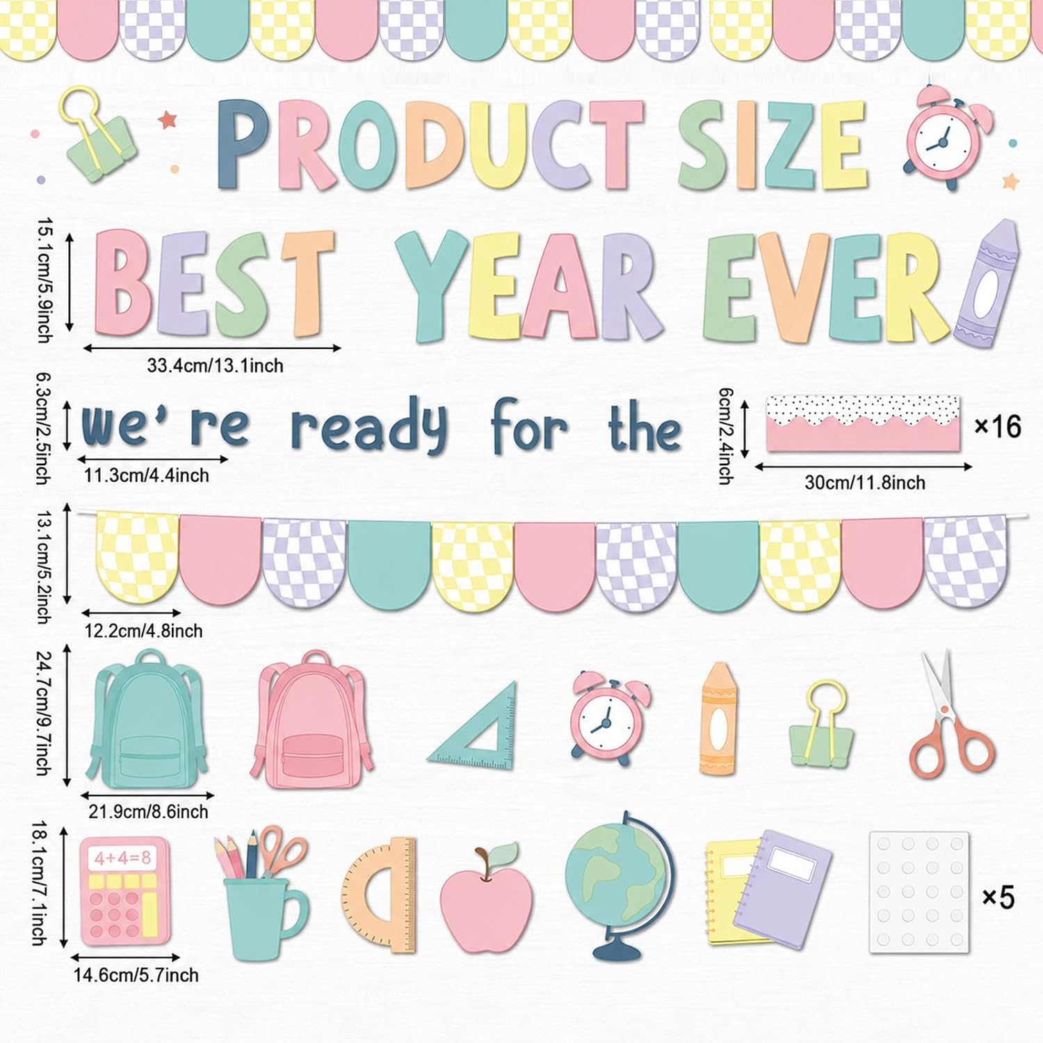 Pastel Ready for The Best Year Ever Bulletin Board Set Back to School Classroom Decorations Colorful Inspirational Apples Pencil Notebook Paper Cutouts for Door Wall Chalkboard Decor Teacher Supplies image 2