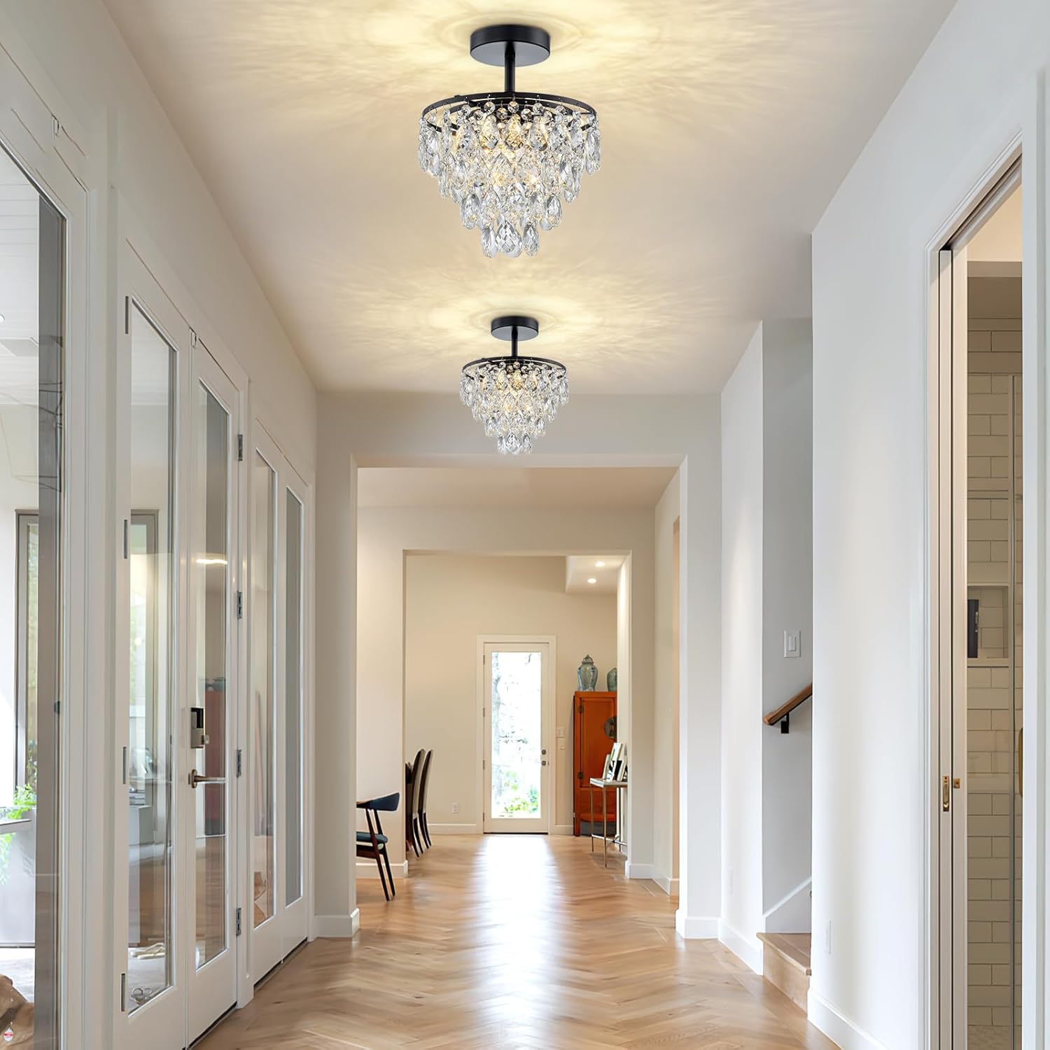 Mini Crystal Chandelier Modern Crysal Flush Mount Ceiling Light for Bedroom Closet Hallway with E26 Base Small Pendant Light (Black-Ceiling)