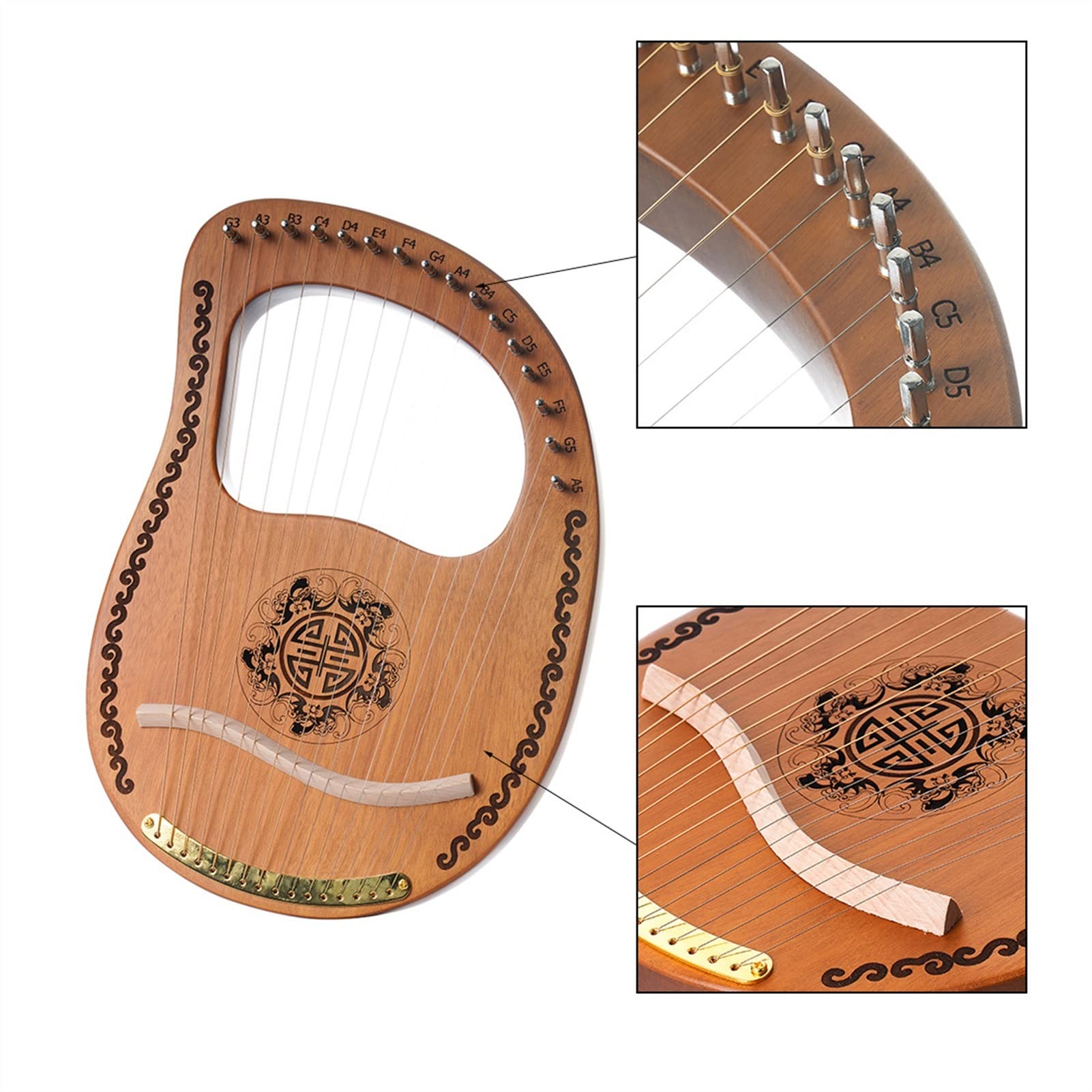 Tragbare Harfe, 16-saitige Kastenharfe, 16-saitige Baumstammharfe, Musikinstrument, tragbare kleine Harfe, kleine Harfe, Leier, Musikinstrument