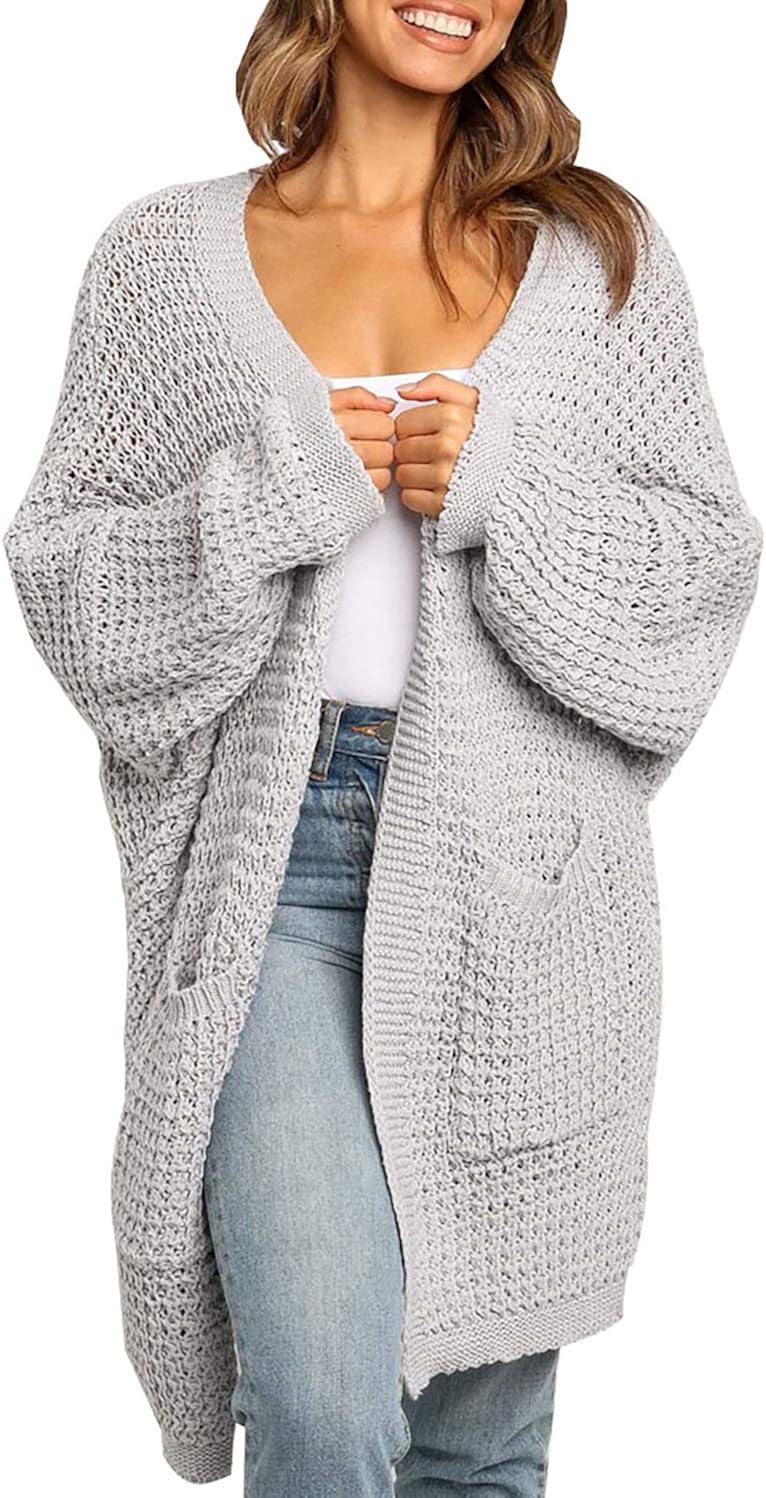 TARSE Womens Long Cardigans Waffle Oversized Open Front Knit Sweater with Pockets
