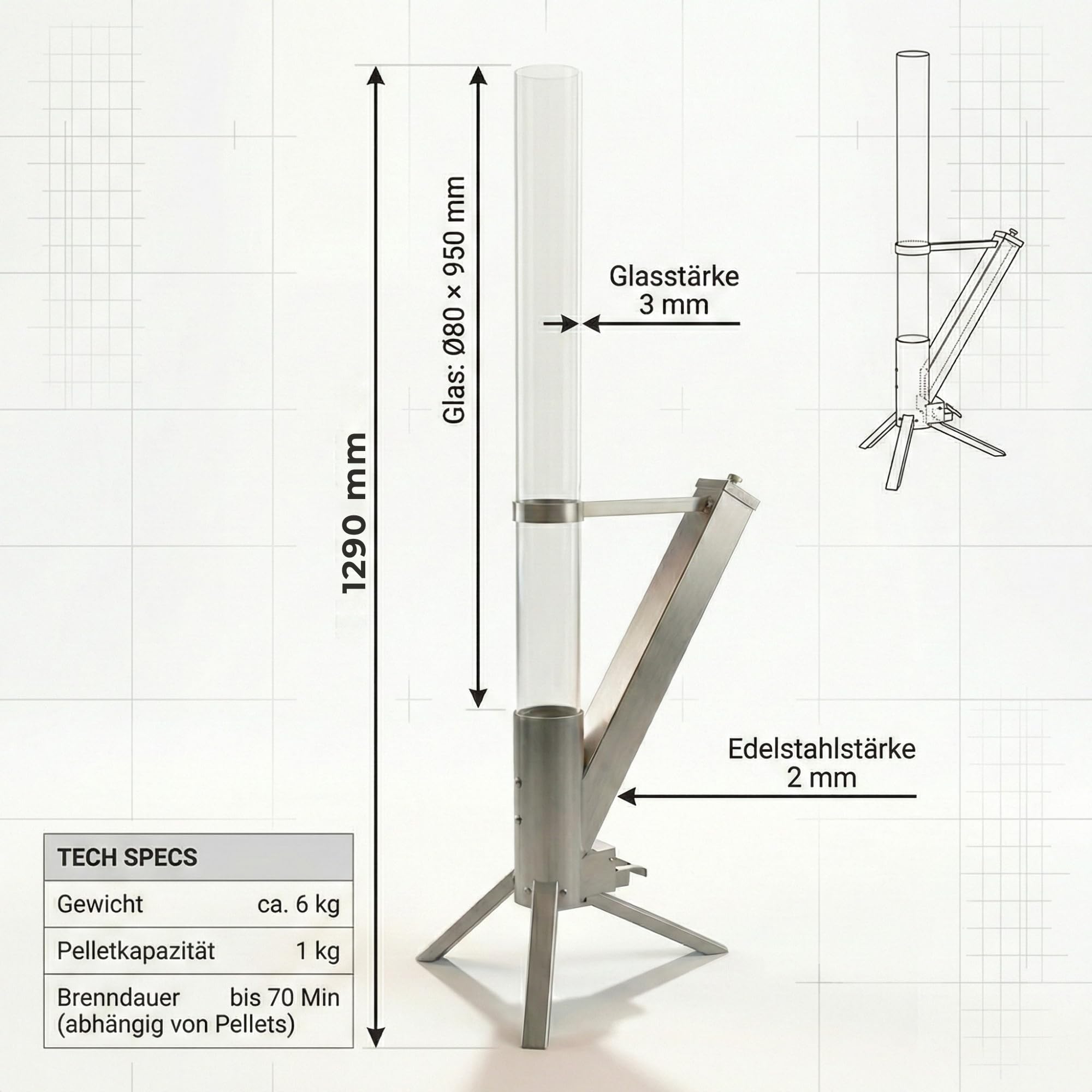 Albatros hochwertige Pelletfackel aus Edelstahl | Raketenofen für den Garten | mit Glas Feuerrohr | Terrassenheizung Terrassenofen | Outdoor Feuerstelle ohne Strom | bis 70 Min Brenndauer