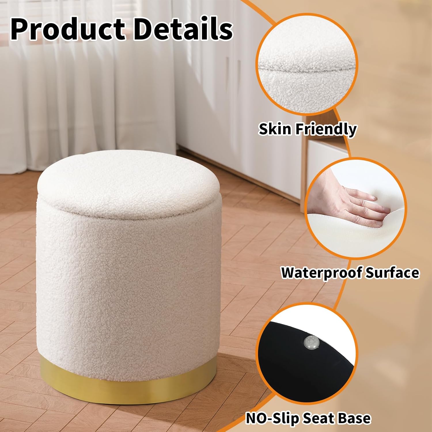Joveco Boucle Round Ottoman with Storage,Vanity Stool with Storage for Bedroom, Ottoman Coffee Table,Small Boucle Foot Stool for Living Room, White with Gold Plating Base - Image 5