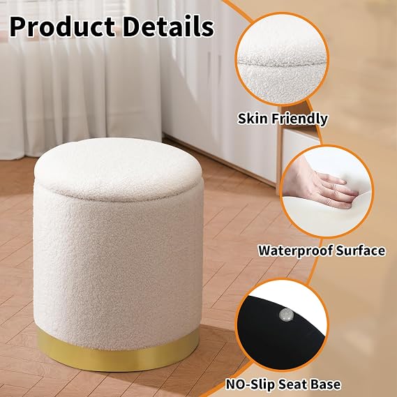 Joveco Boucle Round Ottoman with Storage,Vanity Stool with Storage for Bedroom, Ottoman Coffee Table,Small Boucle Foot Stool for Living Room, White with Gold Plating Base