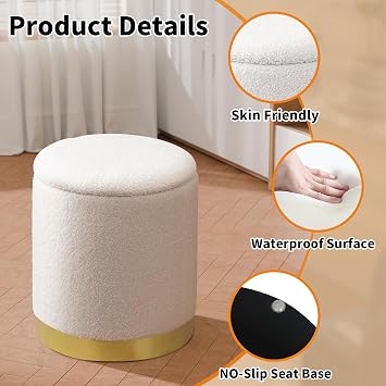 Joveco Boucle Round Ottoman with Storage,Vanity Stool with Storage for Bedroom, Ottoman Coffee Table,Small Boucle Foot Stool for Living Room, White with Gold Plating Base