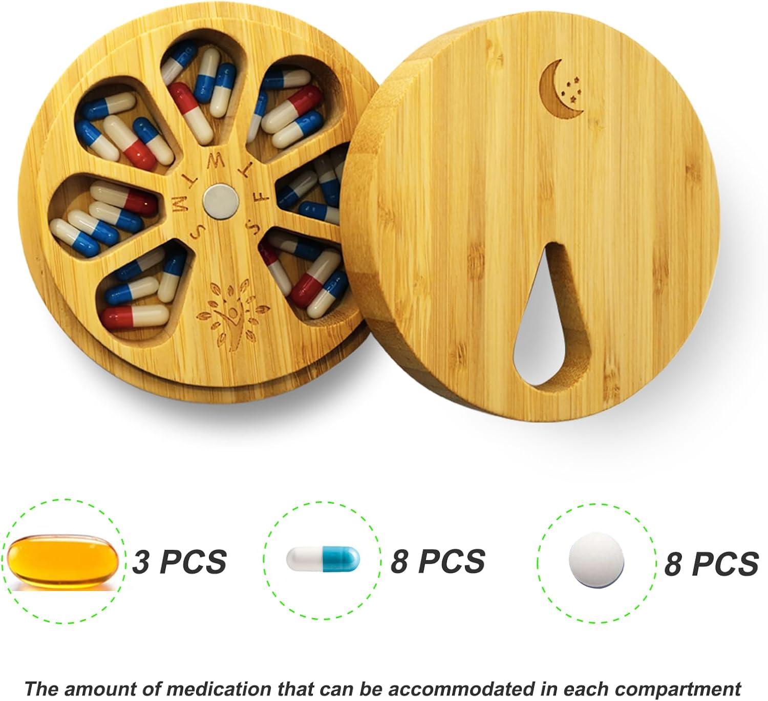 AM&PM Set of 2 Bamboo Wood Pill Organizer for Medicine Vitamin 2 Times a Day, Arthritis Friendly 7-Day Pill Box Medium Container Holder Weekly, Daily Portable Travel Pill Case