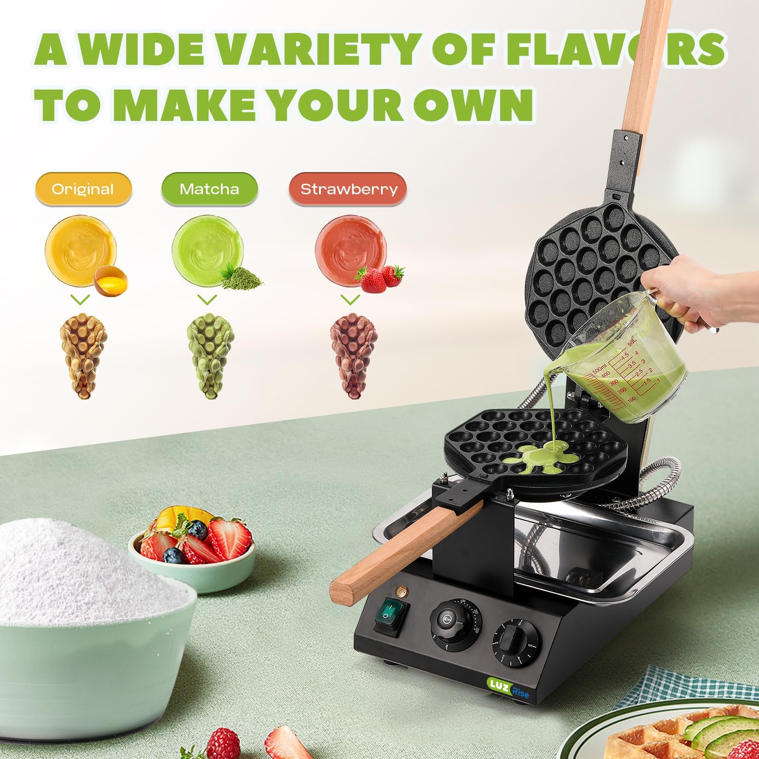 1400W Bubble Waffle Maker Non-stick Electric Waffle Iron Machine 360° Rotate 482℉/250℃ 3Min Fast Heating with 4 Accessories（Brush/Clip/Picker/Dishcloth）