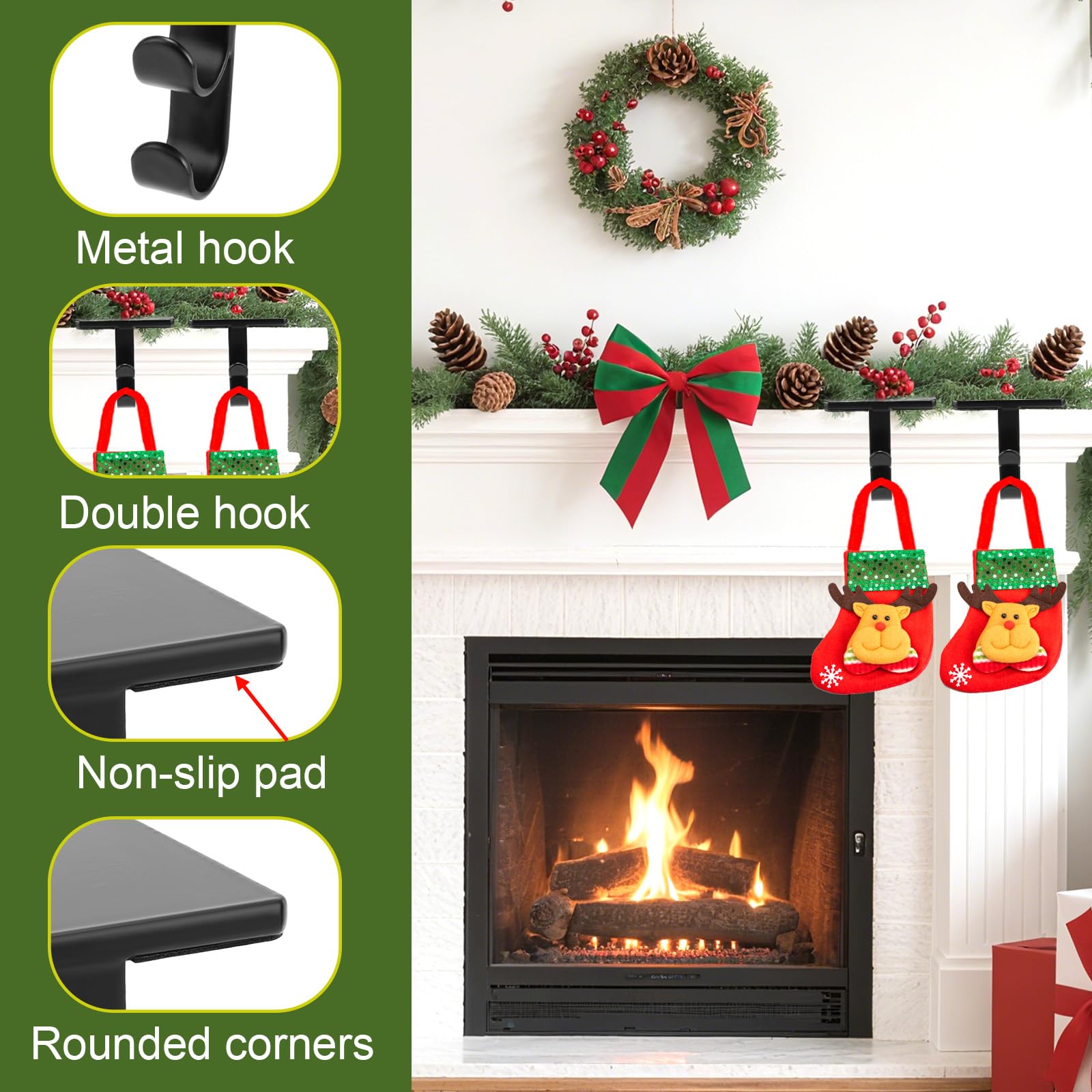 2uds Ganchos para Calcetines Navideños, Porta Medias Repisa de Metal Premium Suministros Prácticos Ganchos Fiestas Navideñas para Chimenea Mostrador y Estante (Negros)