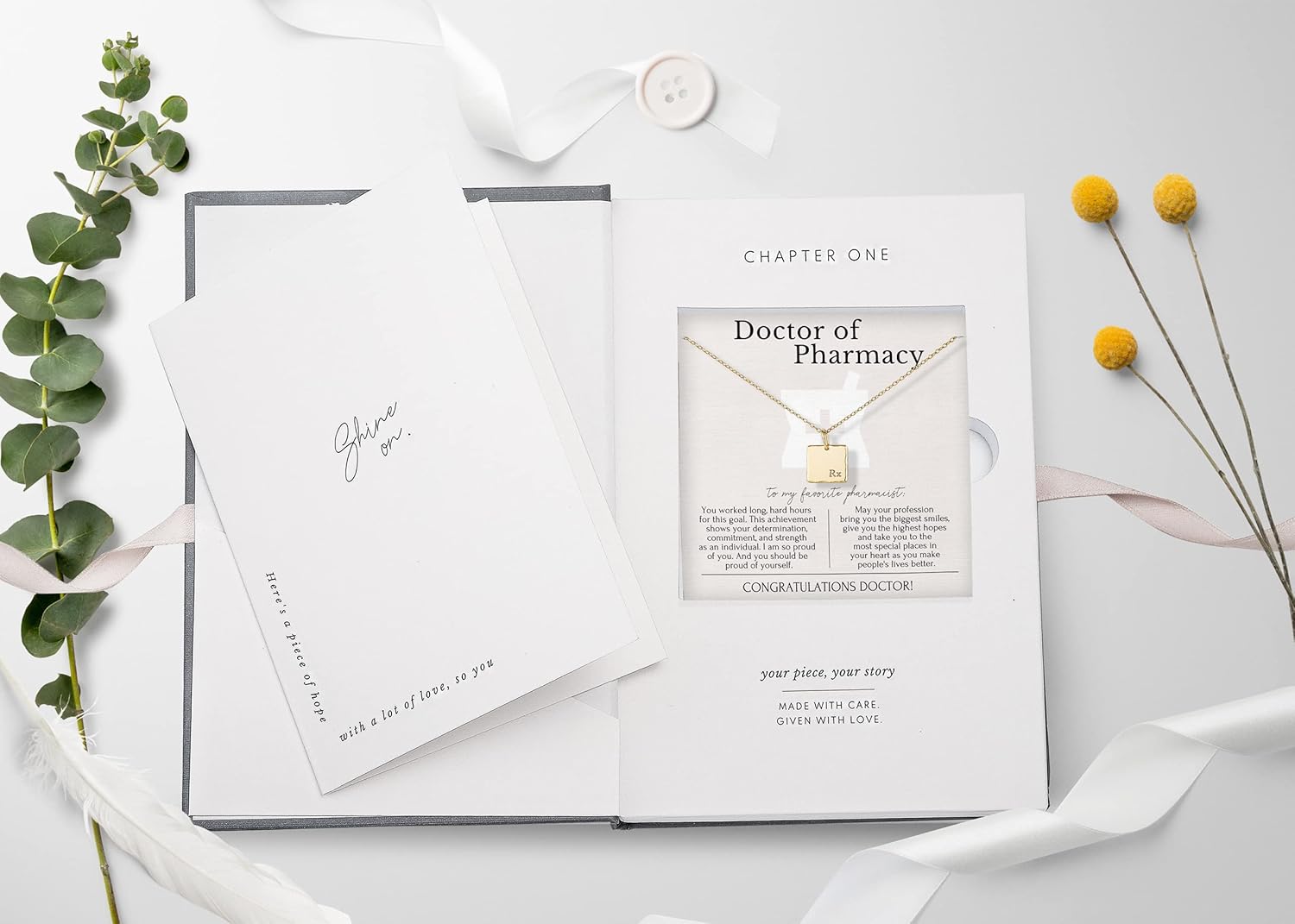 HOPE LOVE SHINE Doctor of Pharmacy Gift for Women - Pharmacist Necklace, Jewelry 16+2", 14k Gold Plated Sterling Silver