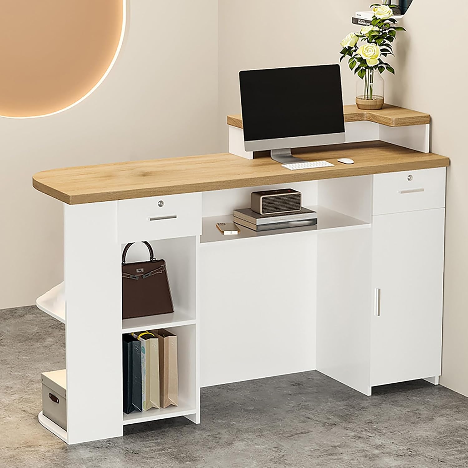 Cashier Desk Oval Desktop with Lights Front Desk Reception Counter Retail Counter Reception Counter Table with Lockable Drawer and Storage Compartment for Lobby Beauty Salon Clothing Store.(Right,COLO