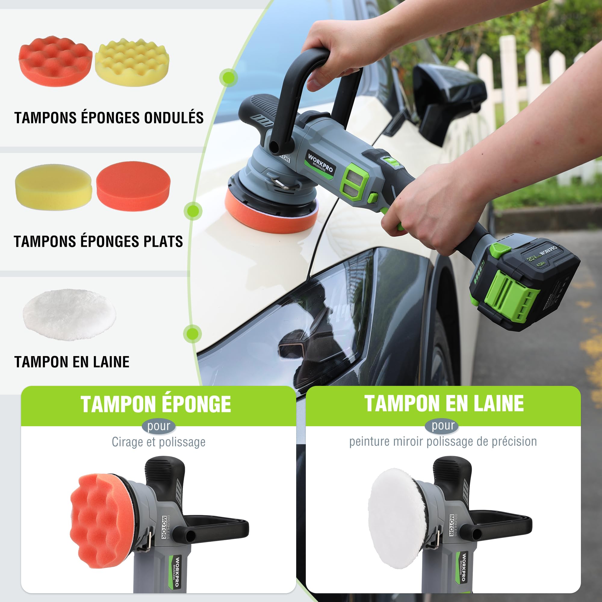 WORKPRO Polisseuse de Voiture sans Fil 20V, Polisseuse Orbitale sans Balais à Double Action, 7 Vitesses (2000-5000 tr/min), Poignée en D Réglable, avec Sac, pour Voitures, Sols, Carreaux, Meubles