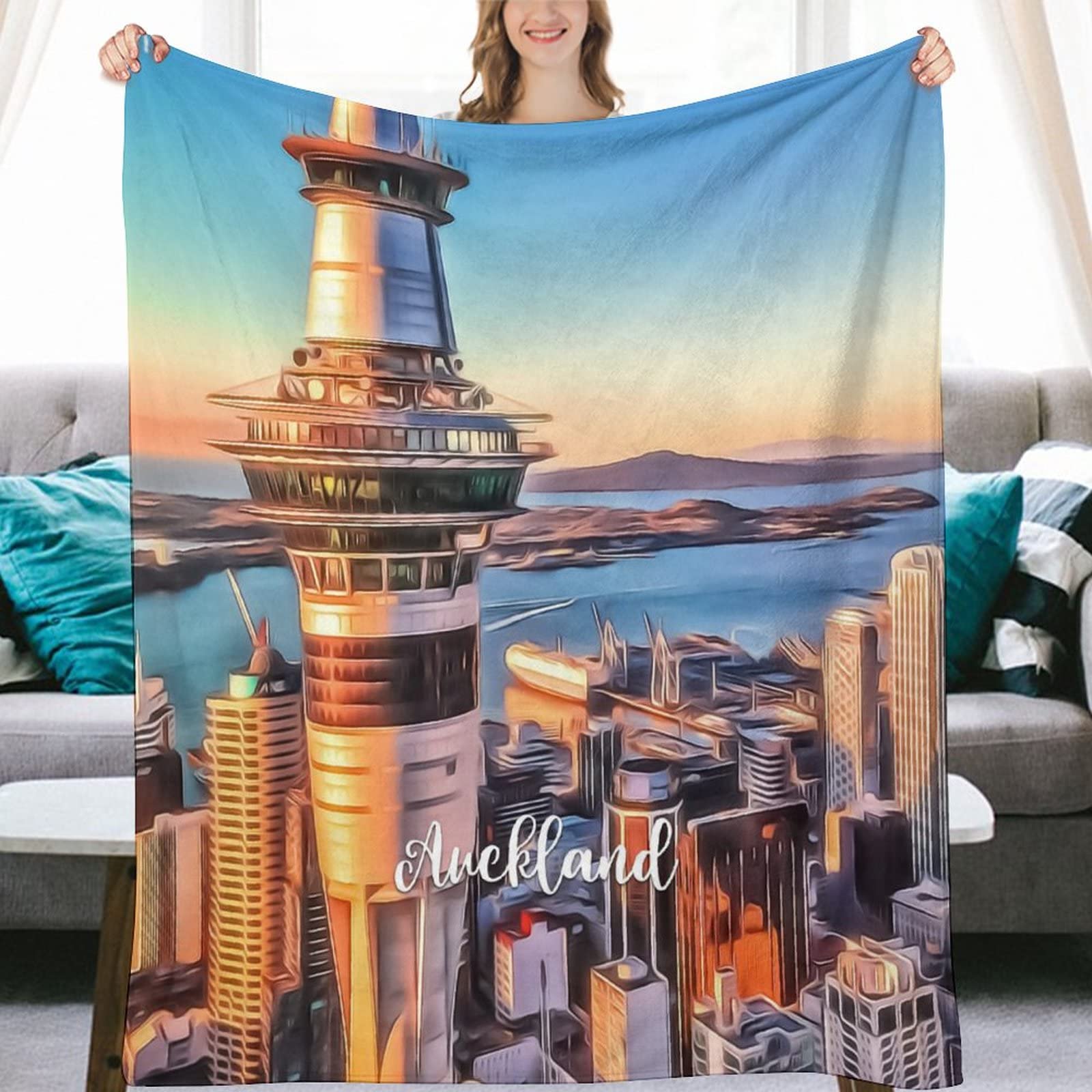 Auckland Coperte in pile di flanella morbida aria condizionata coperta calorosa per divano sedia da viaggio 152,4 x 203,2 cm, paesaggio urbano