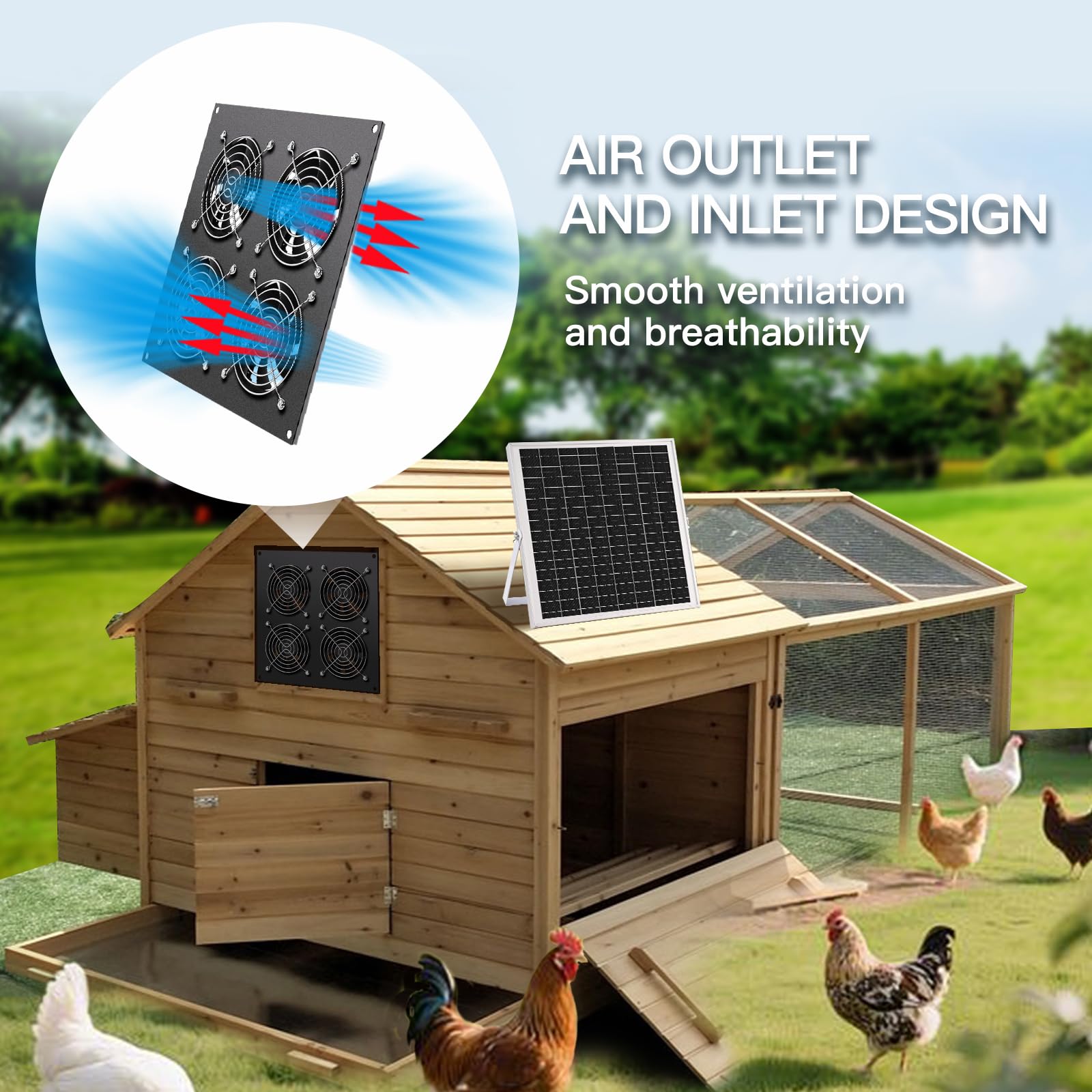 Solar Ventilator, 15W Solarpanel, mit vier IP67 Wasserdichten Ventilatoren, geeignet für kleine Hühnerhütten, Gewächshäuser, Schuppen, Haustierhäuser, Lufteingang oder Abgasse