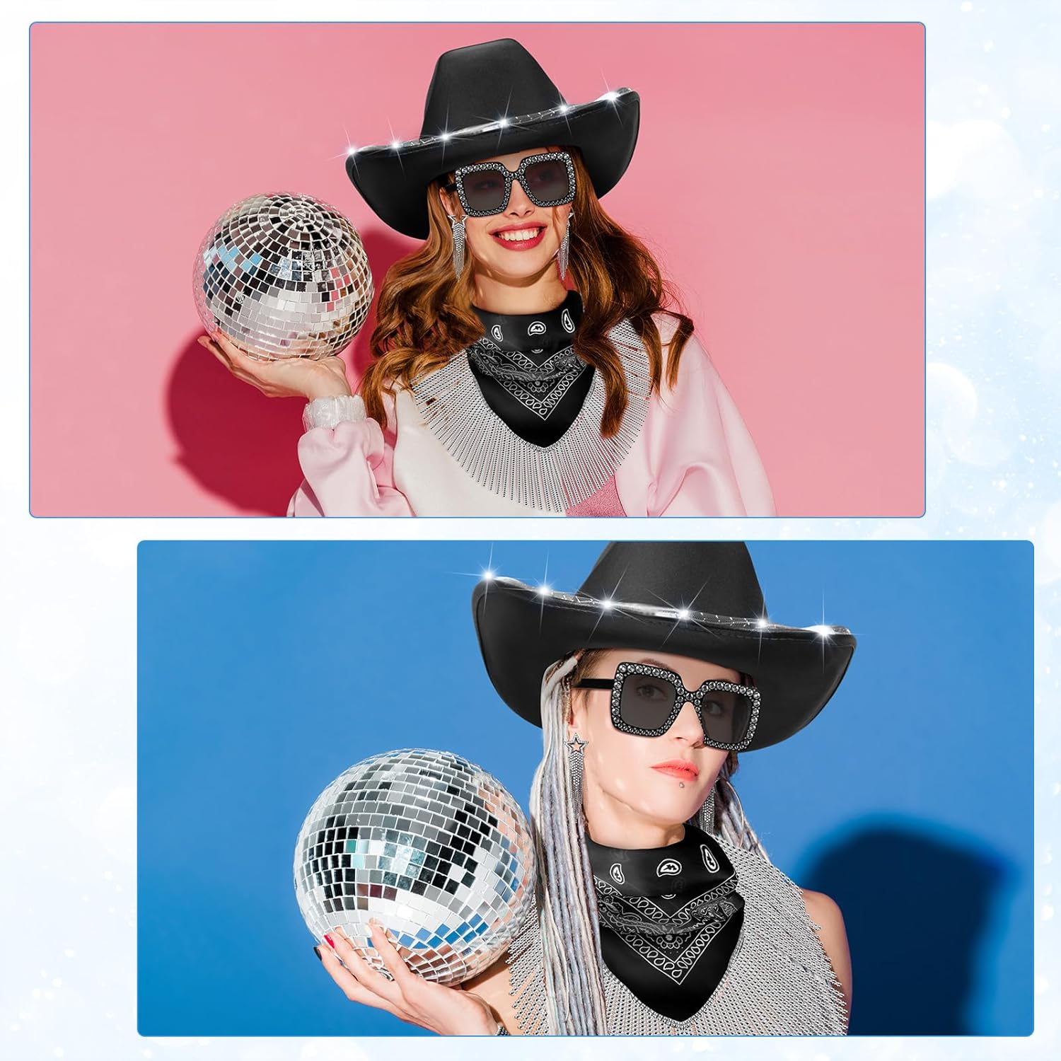 Panitay Set of 5 LED Cowboy Hat Set with Bandana, Sunglasses, Bracelets and Earrings Cowgirl Hat for Disco Cosplay Party - Image 5