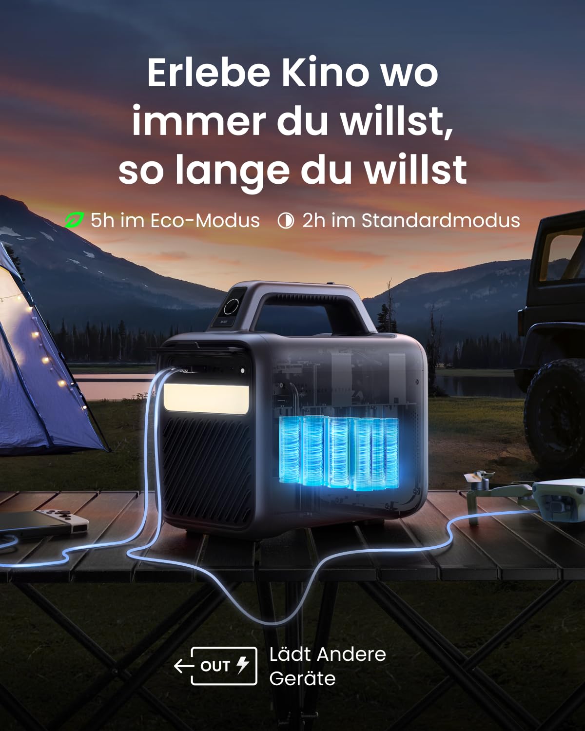 Nebula by Anker Mars 3 Tragbarer Outdoor Beamer (Schwarz) | 1000 ANSI Lumen, KI-gestützte Bildoptimierung, Android TV, 200 Zoll Heimkino für Zuhause, Camping, Roadtrip & Garten
