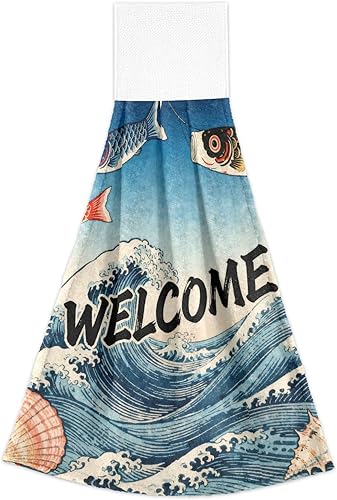 Miniatura 2 de Toallas colgantes para cocina con punta de dedo para baño, bienvenida, pescado, japonés, retro, impreso, bienvenida, lápiz de pescado, juegos de