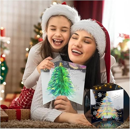 Miniatura 4 de Tarjeta desplegable 3D única de árbol de Navidad, tarjeta de felicitación con purpurina para árbol de Navidad, tarjeta tridimensional de cristal,