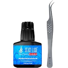 Stacy Lash Extra Strong Evolution Eyelash Extension Glue 10ml & STL-10 Curved Tweezers for Extensions/Black Adhesive 1-2 Sec Drying Time/Precision Stainless Steel Tool/Professional Supplies