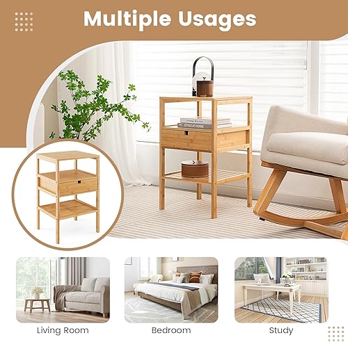 Miniatura 9 de LOKO Juego de 2 mesitas de noche de bambú, mesas de noche de madera maciza con cajón extraíble y estante de almacenamiento, mesas auxiliares de