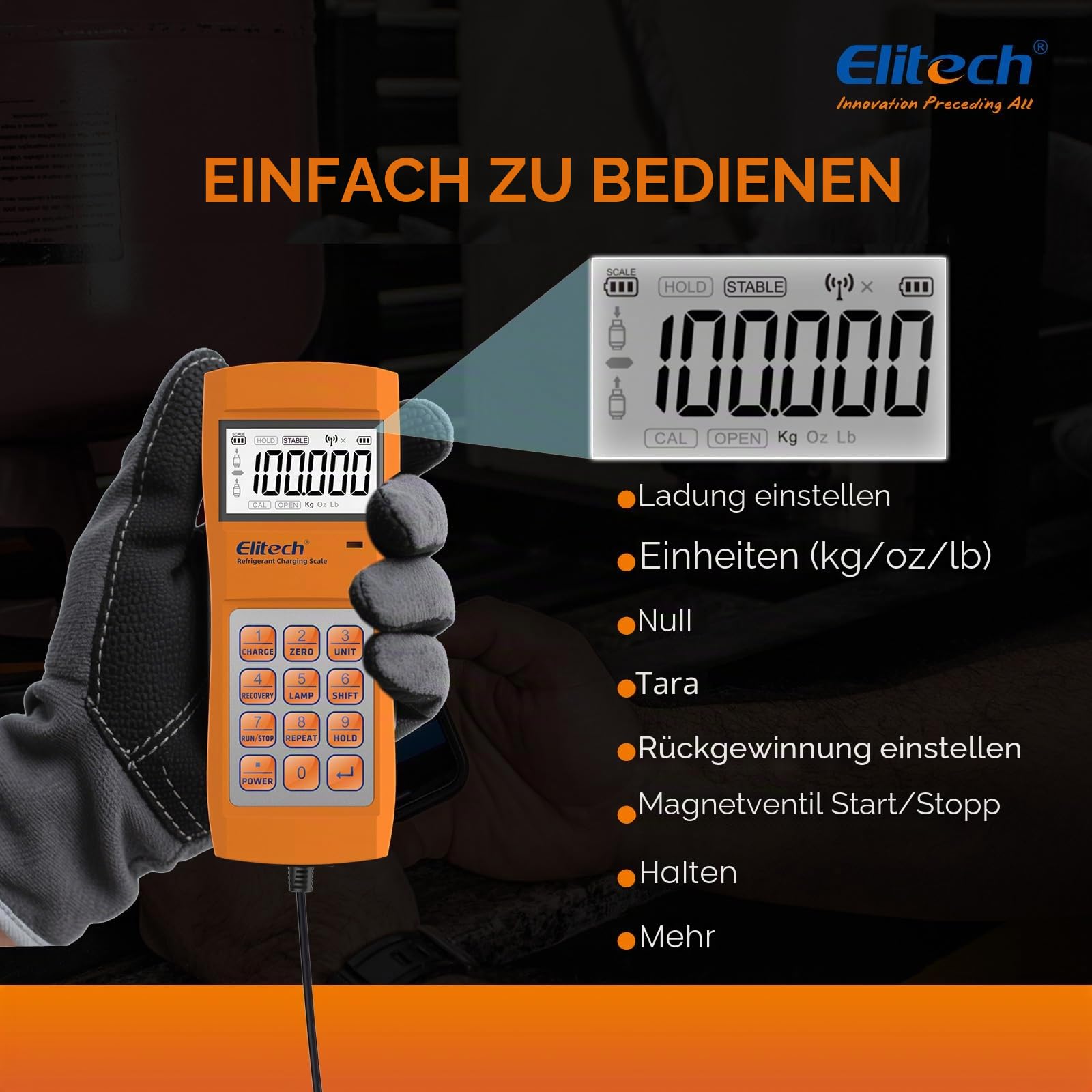 Elitech Elektronische Kältemittelwaage,100KG Kältemittel-Füllwaage,Digitale Gewichtswaage für HVAC und AC Hohe Genauigkeit LMC-200